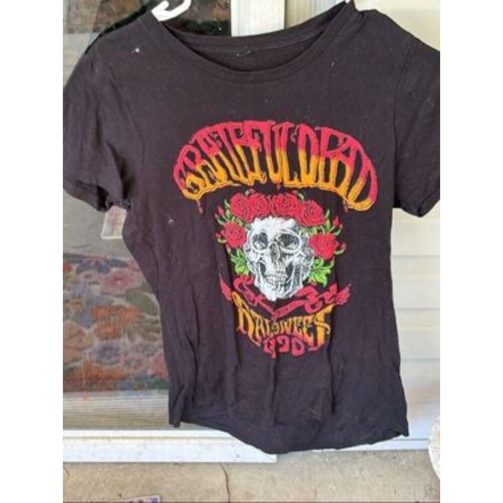 Grateful Dead T-Shirt Skull Roses Graphic Black Band Tee Small Vintage Style